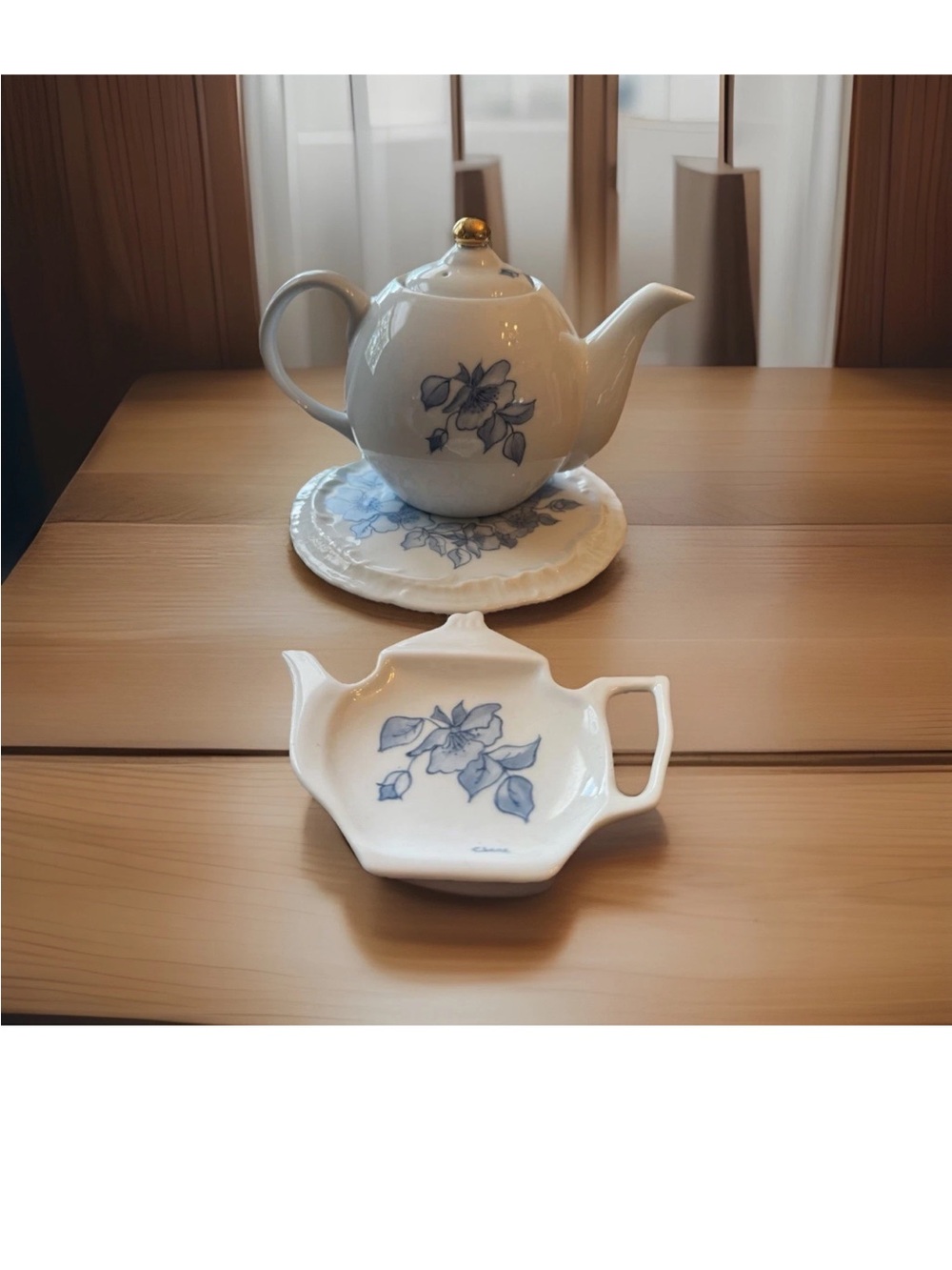 Vtg Tea pot White with Blue Floral Accents Signed With Tea Plate And Teabag Rest